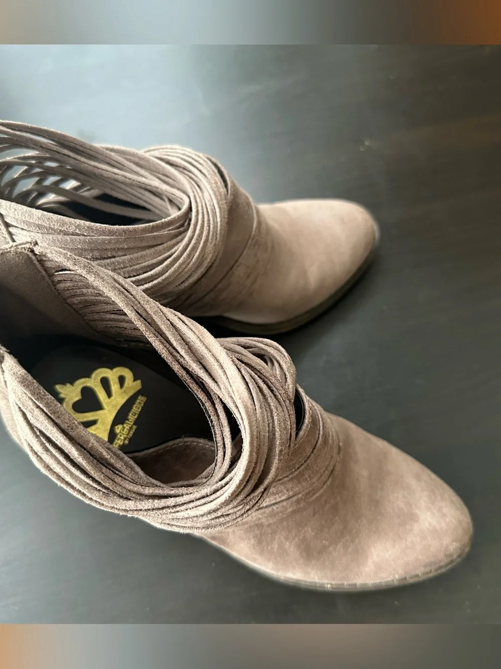 Fergalicious Taupe Suede Fringe Booties size 7.5